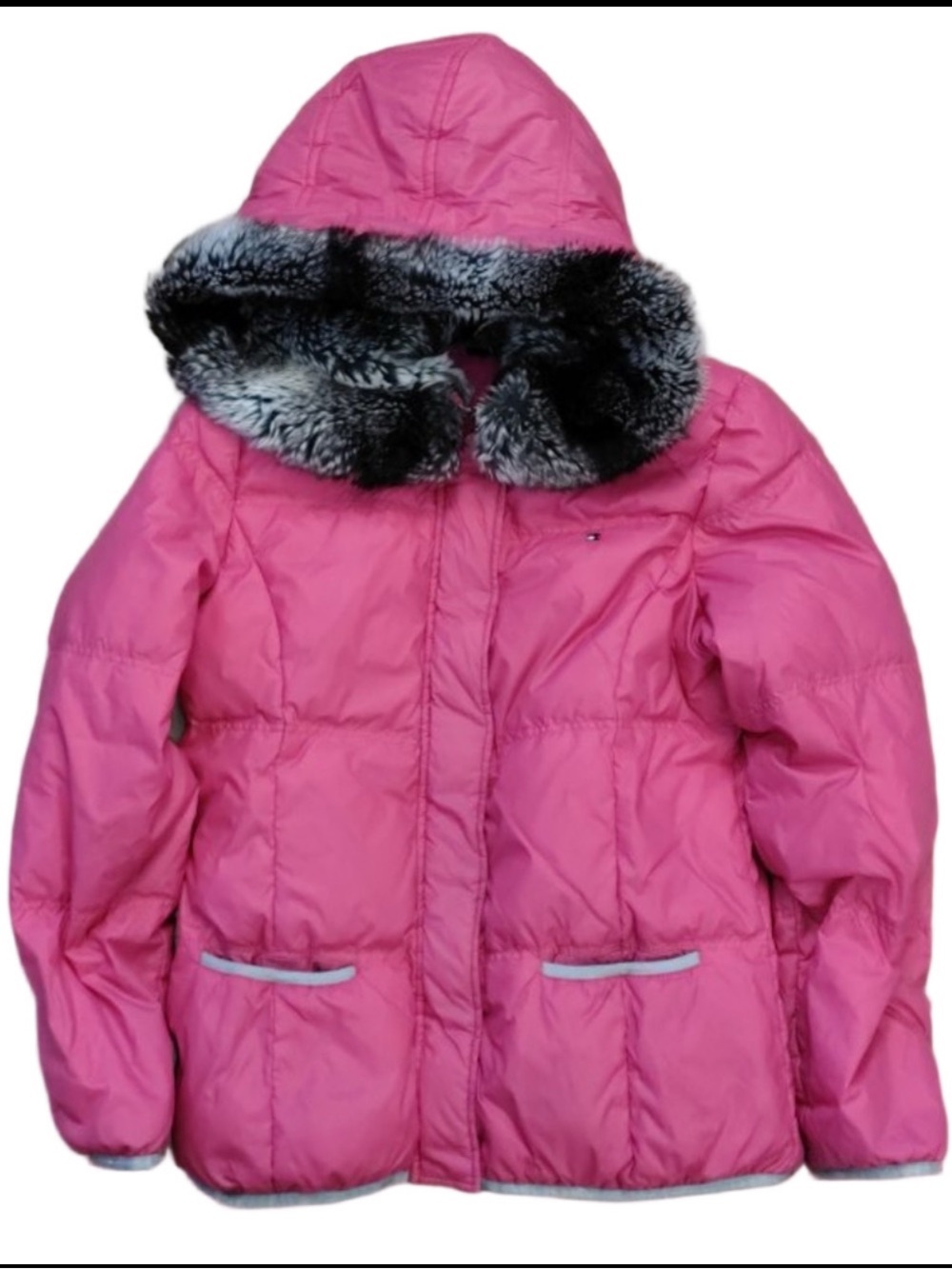 Tommy Hilfiger Girls Large Hot Pink Down Puffer Coat Faux Fur Hood Winter
